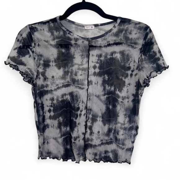 Garage Mesh Tie-Dye Sheer Ruffle Trim Top | Black White Medium - Picture 1 of 6